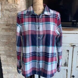 Orvis long sleeve snap closure fleece lined navy red white green shacket flannel